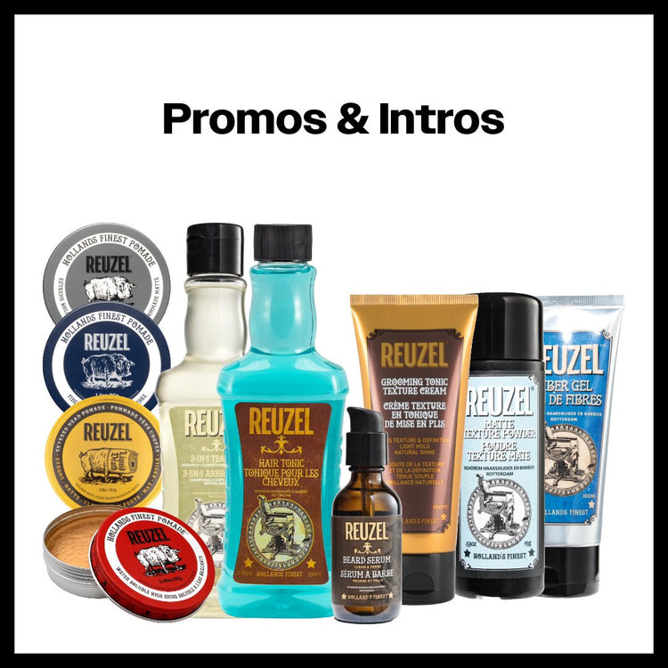 Promos & Intros collection: Variety of Reuzel hair, beard, and shower products