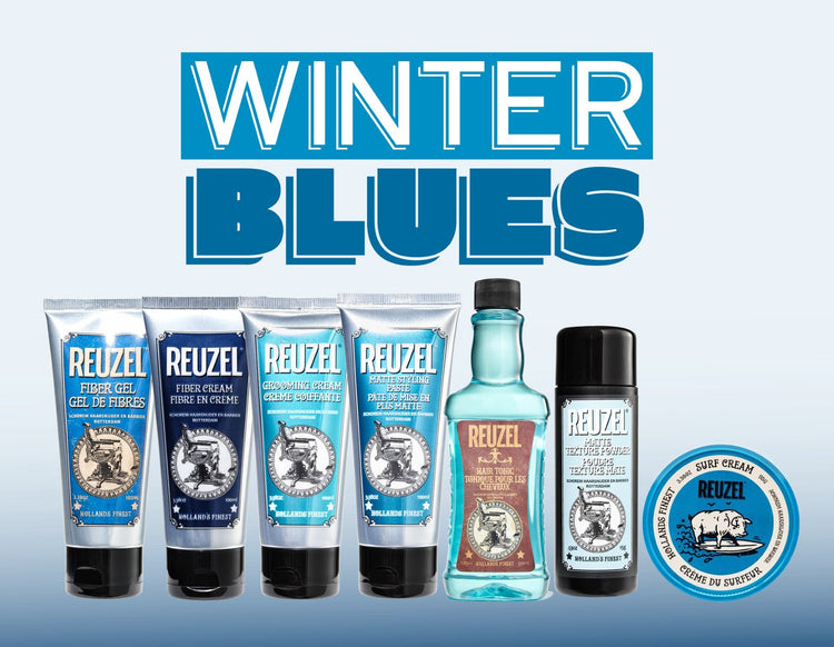 Reuzel Winter Blues collection of blue hair products