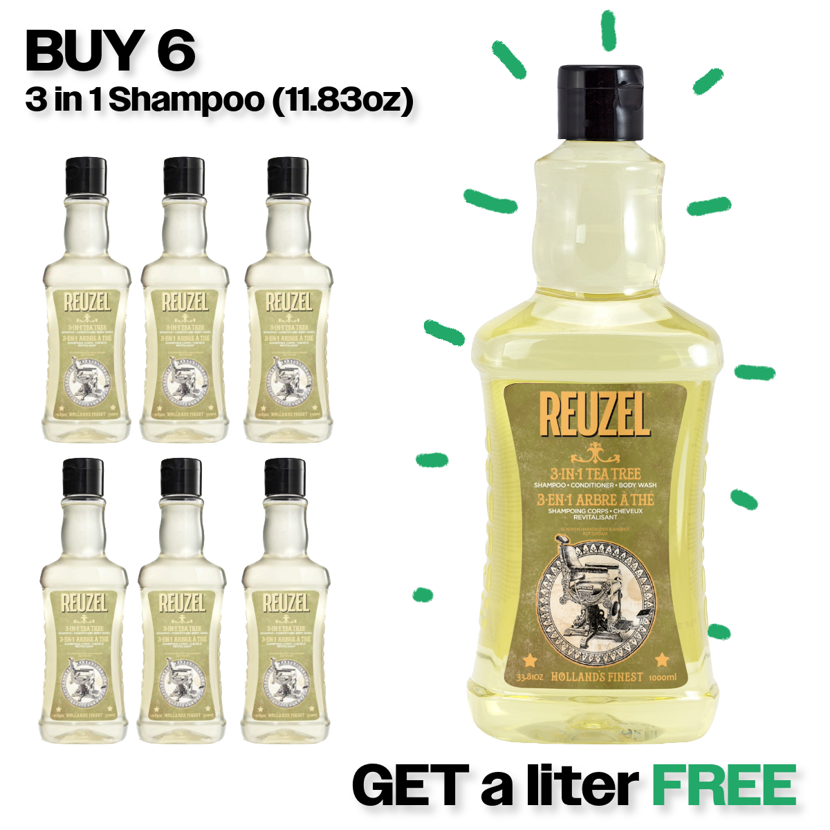PURCHASE (6) Retail Size - 3-in-1 Shampoo - RECEIVE FREE - Liter Size