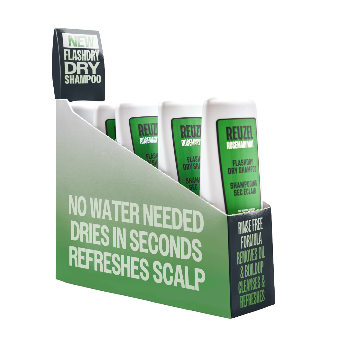 Display of Reuzel Flashdry Dry Shampoo packets with promotional text on a white background