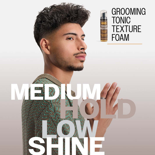 Male model with black hair and thin mustache and beard
GROOMING
TONIC
TEXTURE
FOAM
MEDIUM
HOLD
LOW
SHINE