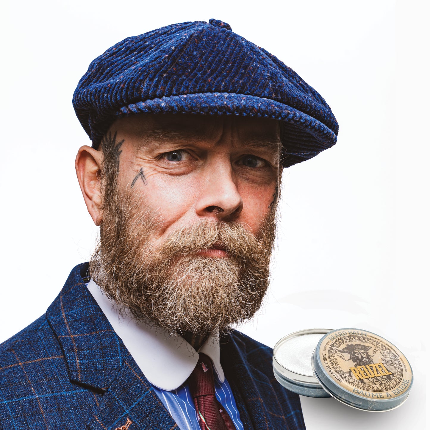 Reuzelinc Wood & Spice Beard Balm jar with black lid and label, showing the product's natural wooden and spice scent features.