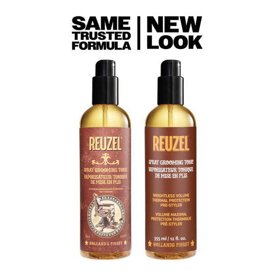 Reuzelinc Spray Grooming Tonic bottle, 355ml, with a spray nozzle, designed for styling and grooming hair.