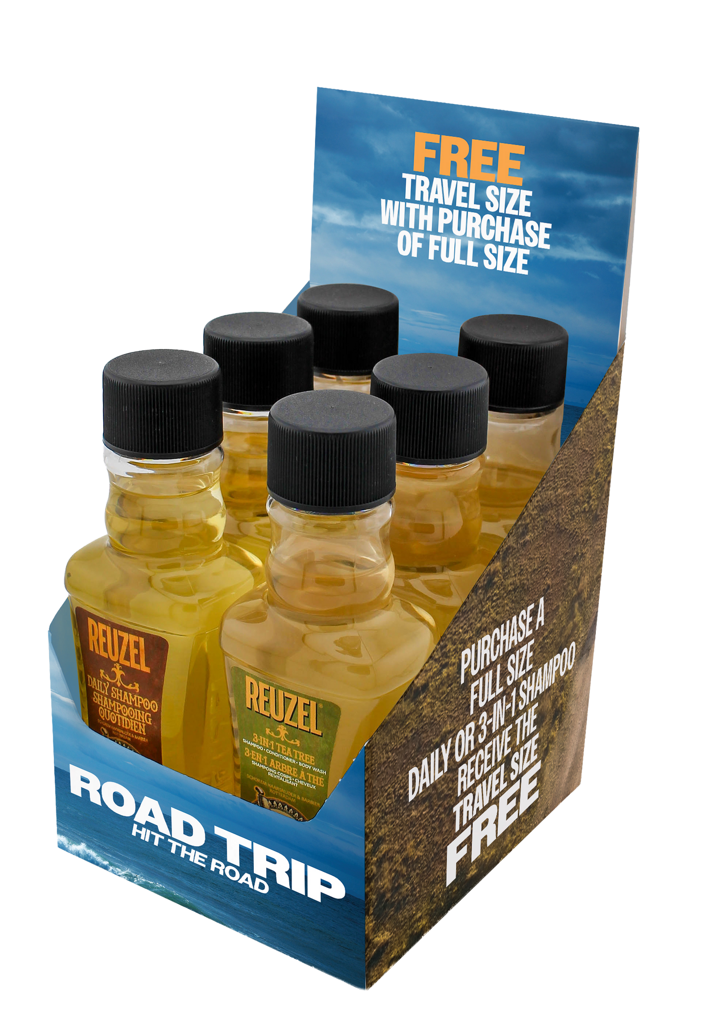 Display image of Vendor Road Trip Shampoo packaging mockup with boxed shampoo bottles on a retail shelf.