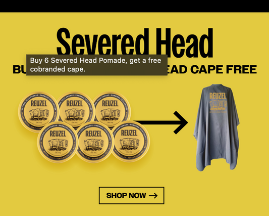 Promotional graphic for Severed Head pomade with free cape offer on a yellow background