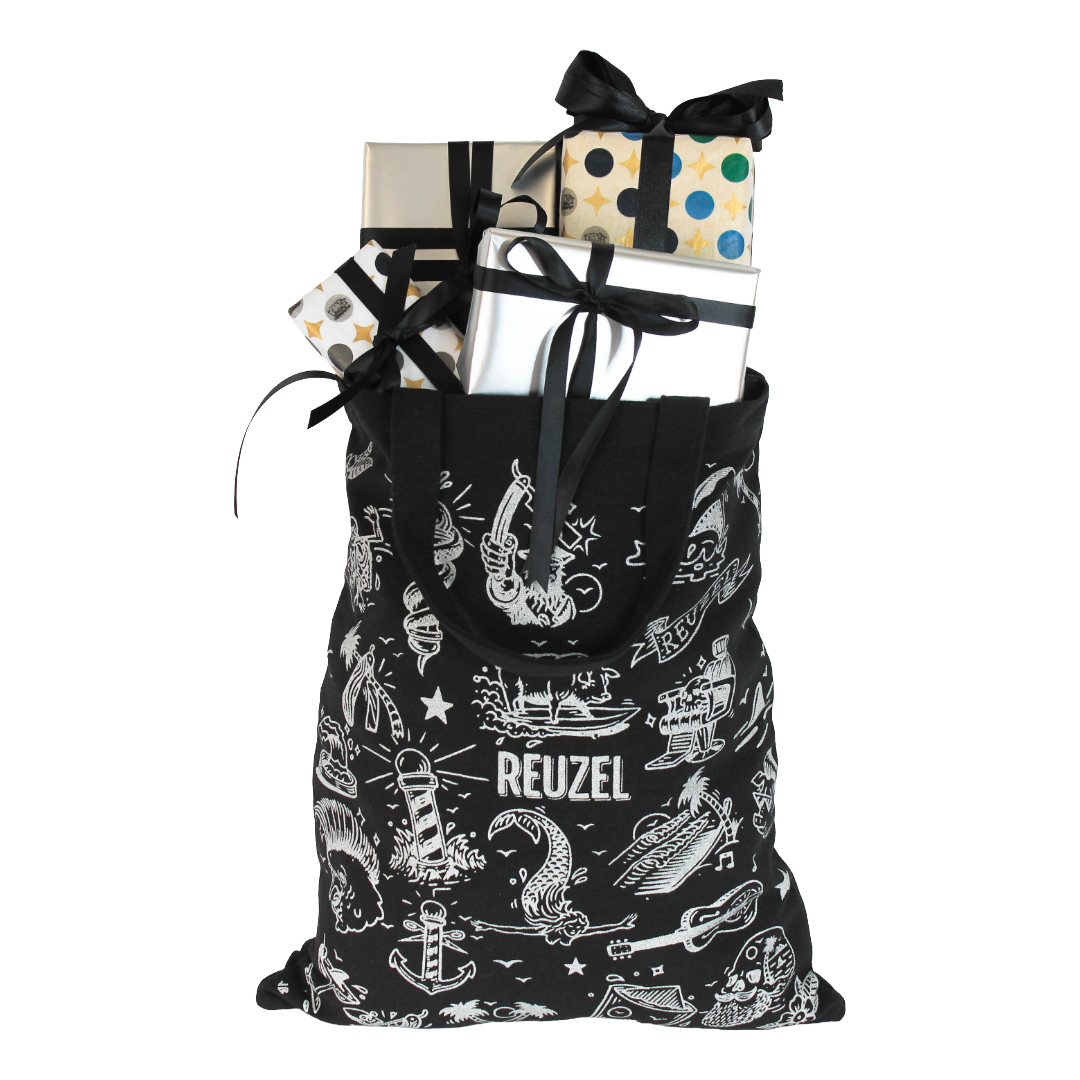 Pro REUZEL black tote bag filled with personal items, made of durable material, featuring the REUZEL brand logo.