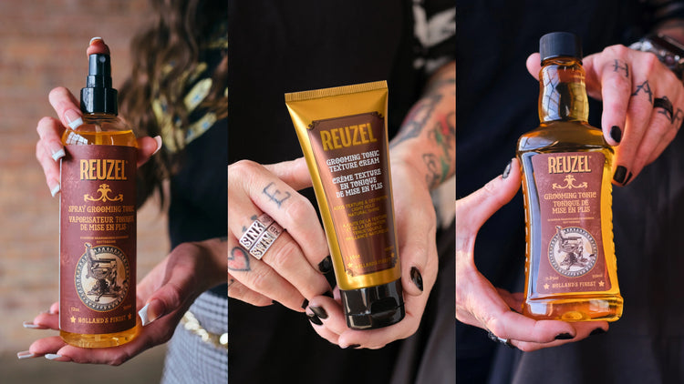 Reuzel Grooming Tonic Essentials including Spray Grooming Tonic, Grooming Tonic Texture Cream, and Grooming Tonic - 20% off for a limited time!