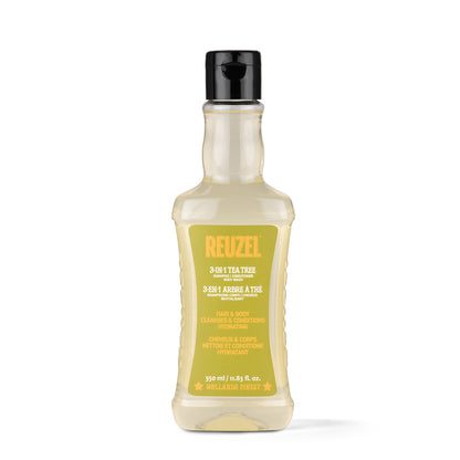 Reuzelinc 3-in-1 shampoo bottle, lightweight 135ml, with label showing product details and branding for versatile hair cleansing.