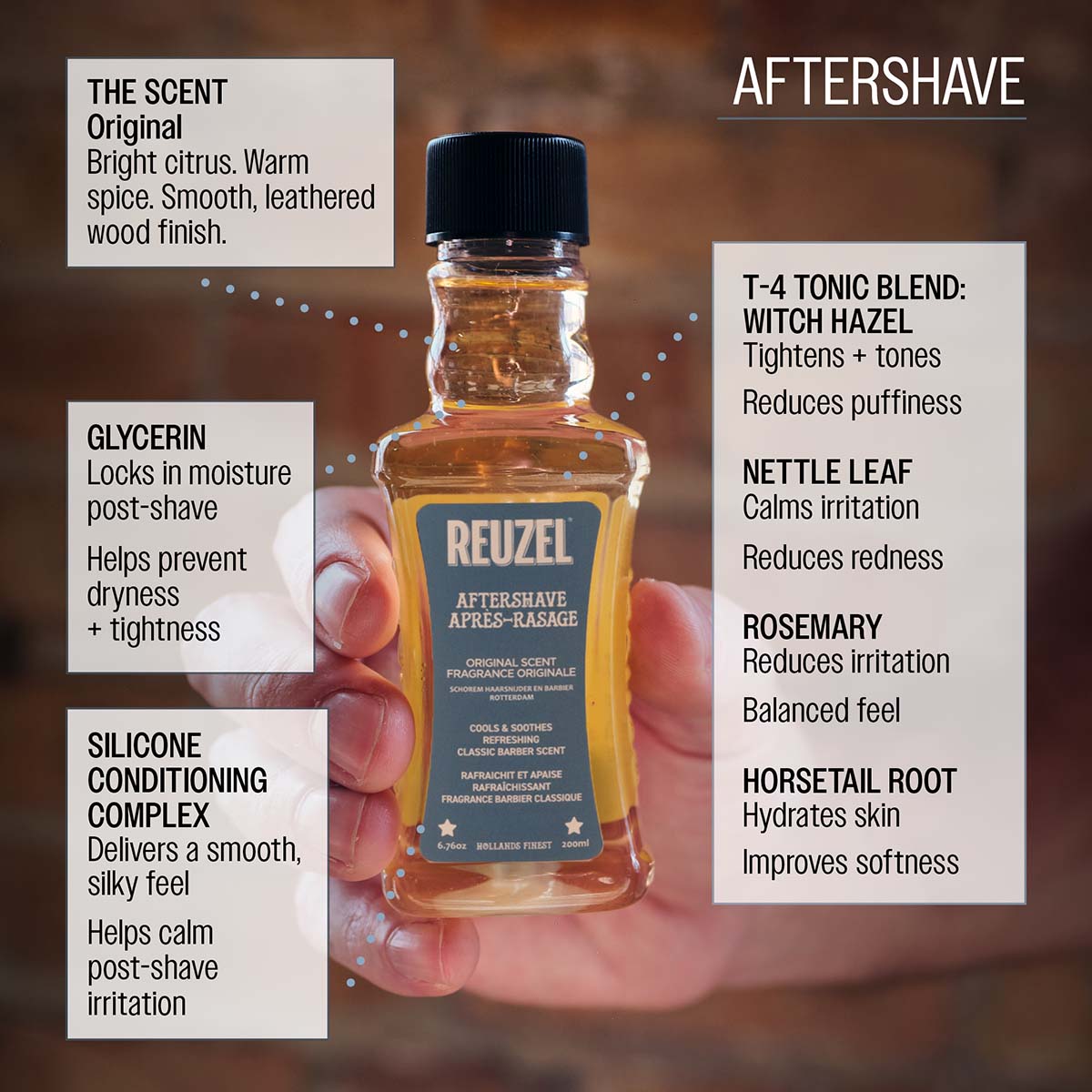 Reuzel aftershave the scent original bright cirtus warm spice smooth leathered wood finish glycerin locks in moisture post-shave helps prevent dryness and tightness silicone conditioning complex deliveres a smooth silky feel helps calm post-shave irritation t-4 tonic blend: witch hazel nettle leaf rosemary horsetail root