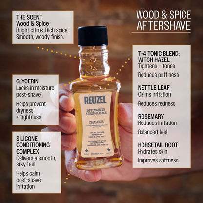 Reuzel wood and spice aftershave the scent wood and spice bright citrus rich spice smooth woody finish glycerin locks in moisture post-shave helps prevent dryness and tightness silicone conditioning complex delivers a silky feel helps calm post-shave irritation t-4 tonic blend: witch hazel tighens and tones reduces puffiness nettle leaf calms irritation balanced feel horsetail root hydrates skin improves softness
