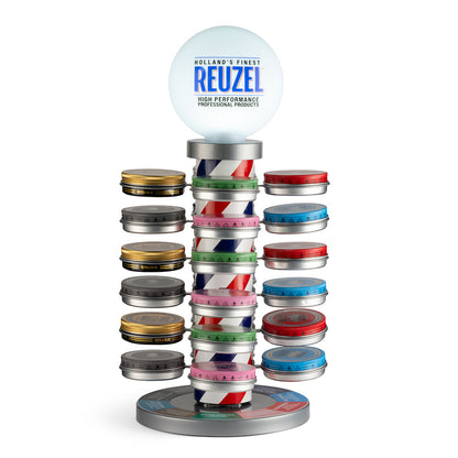 Front view of Vendor's 2026 barber pole display with colorful rotating striped design and attached bobble head figures.