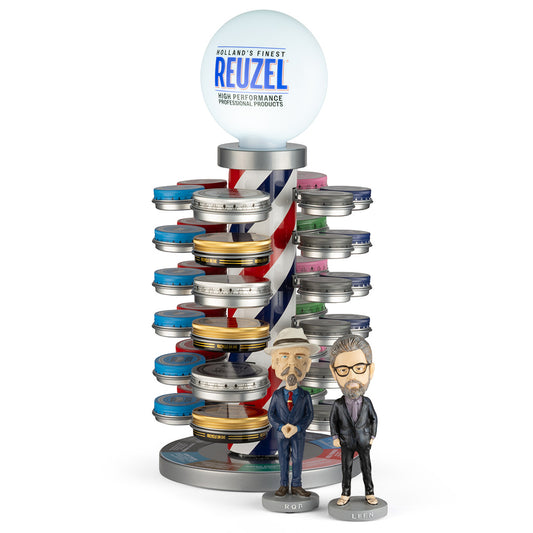 Barber pole display with founders bobblehead figurine, showcasing a vintage-style barber shop decor by Vendor
