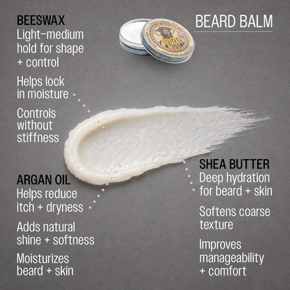 Reuzel beard balm beeswax light-medium hold for shape and control helps lock in moisture controls without stiffness argan oil helps reduce itch and dryness adds natural shine and softness moisturizes beard and skin shea butter deep hydration for beard and skin softens coarse texture improves manageability and comfort