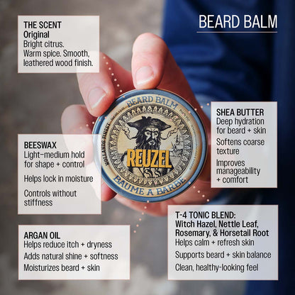 Reuzel beard balm beeswax light-medium hold for shape and control helps lock in moisture controls without stiffness argan oil helps reduce itch and dryness adds natural shine and softness moisturizes beard and skin shea butter deep hydration for beard and skin softens coarse texture improves manageability and comfort t-4 tonic blend: witch hazel, nettle leaf, rosemary, and horsetail root helps calm and refresh skin supports beard and skin balance clean, healthy looking feel