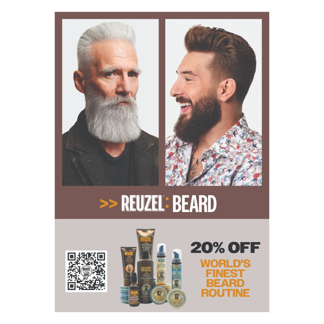 Image of printed card stating, Reuzel: Beard - 20% off worlds finest beard routine