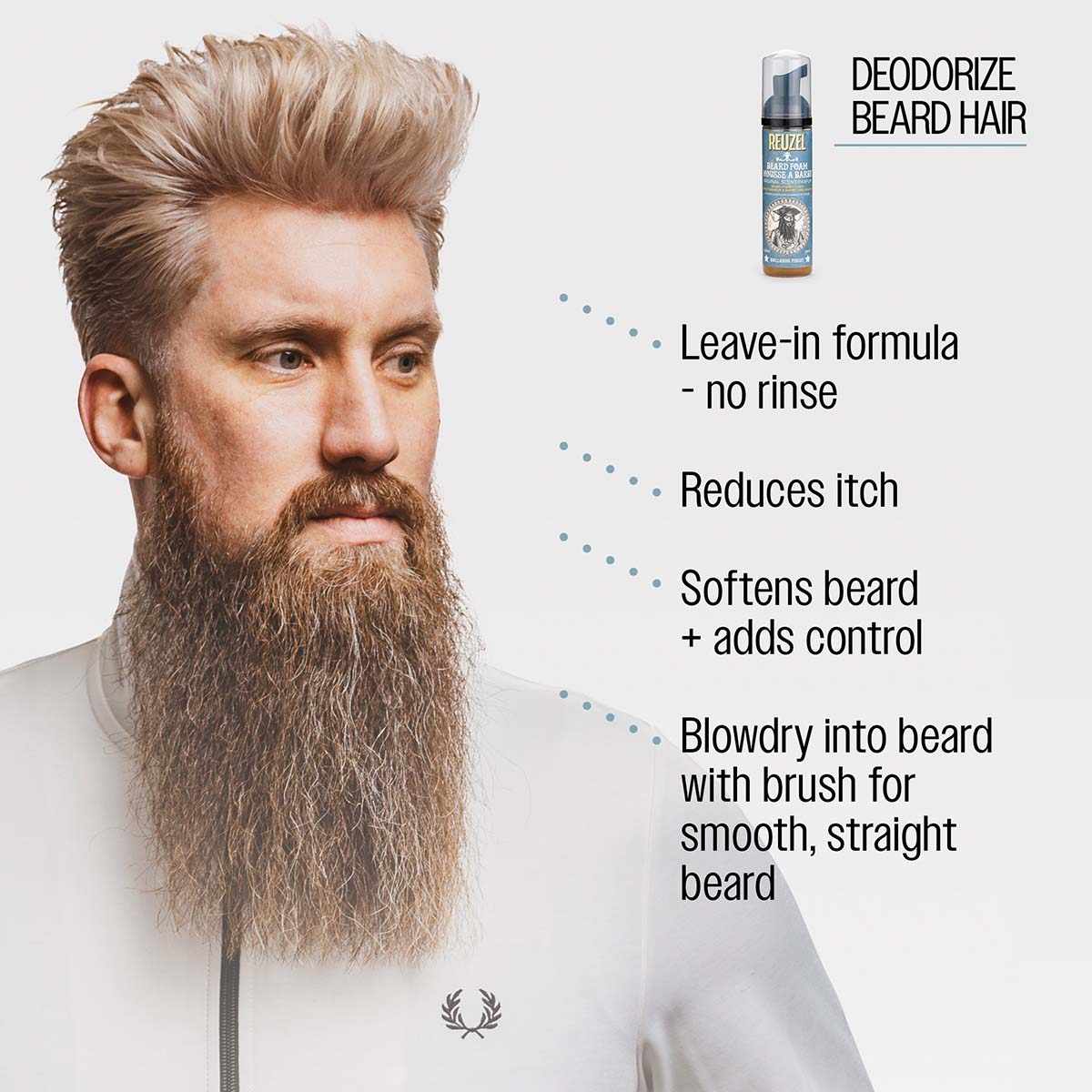 Reuzel deodorize beard hair leave-in formula no rinse reduces itch softens beard and adds control blowdry into beard with brush for smooth straight beard