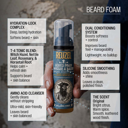 Reuzel beard foam amino acid cleanser gently cleans without stripping ultra-mild skin friendly leaves beard and skin balanced dual conditioning system boosts softness and control improves manageability lightweight no buildup silicone smoothing adds smoothness and shine improves slip and control leaves a clean polished finish hydration lock conplex deep lasting hydration the scent original bright citrus warm spice t-4 tonic blend: witch hazel, nettle leaf, rosemary, horsetail root