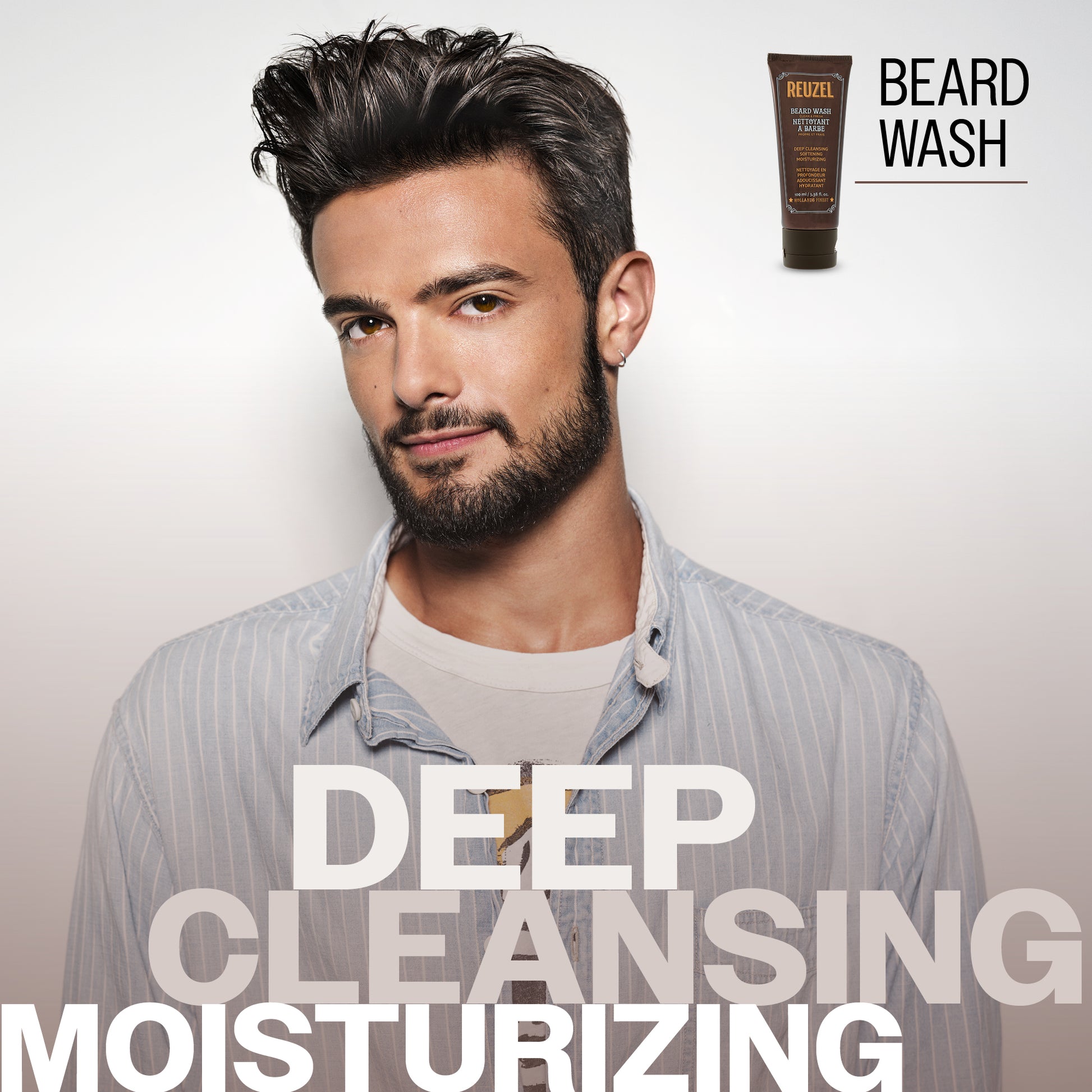 Male model with short black hair and beard REUZEL beard wash 
DEEP CLEANSING

MOISTURIZING