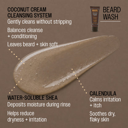REUZEL beard wash CAFFEINE: Invigorates skin beneath beard | CALENDULA: Calms irritation + itch; Soothes dry, flaky skin | APRICOT KERNEL OIL: Leaves beard soft; Prevents dryness | COCONUT CREAM CLEANSING SYSTEM: Gently cleans without stripping; Balances cleanse + conditioning; Leaves beard + skin soft | WATER-SOLUBLE SHEA: Deposits moisture during rinse; Helps reduce dryness + irritation