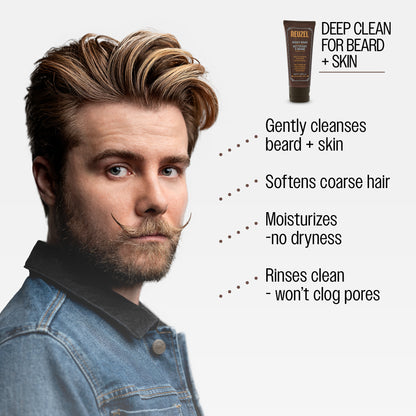 Male model with short blonde hair and mustache and beard 
Deep clean for beard + skin

Gently cleanses beard + skin

Softens coarse hair

Moisturizes - no dryness

Rinses clean - won’t clog pores