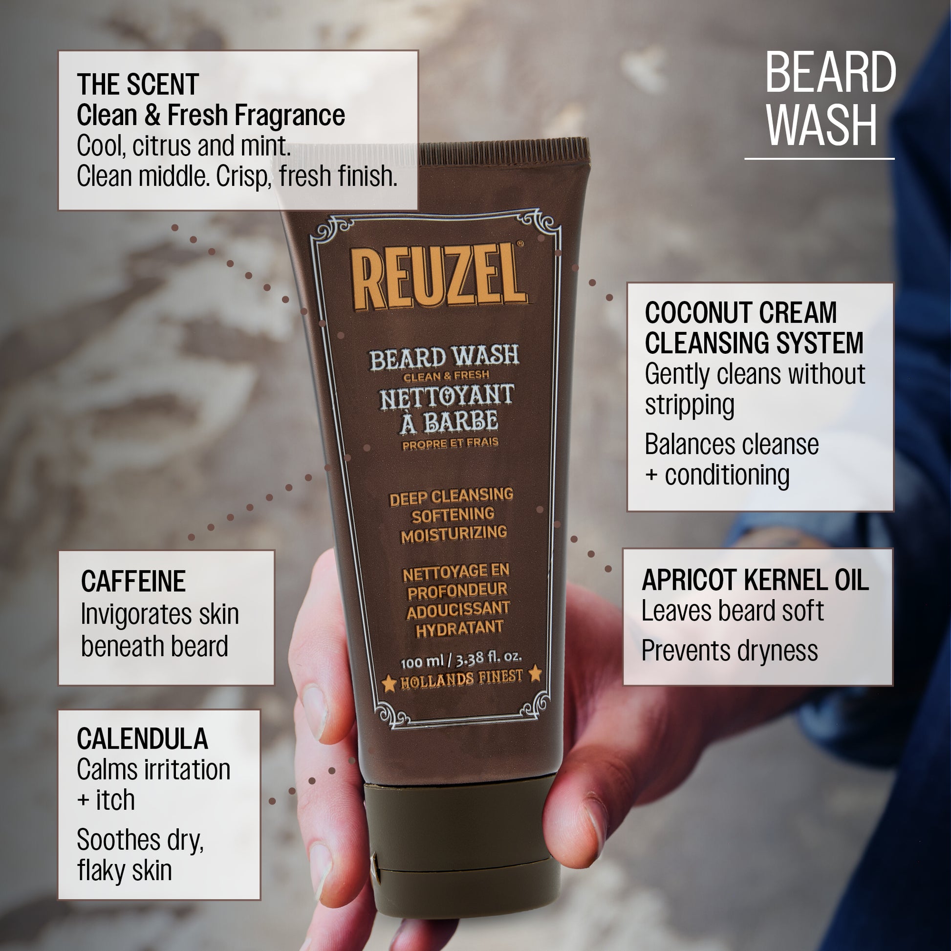 REUZEL beard wash CAFFEINE: Invigorates skin beneath beard | CALENDULA: Calms irritation + itch; Soothes dry, flaky skin | APRICOT KERNEL OIL: Leaves beard soft; Prevents dryness | COCONUT CREAM CLEANSING SYSTEM: Gently cleans without stripping; Balances cleanse + conditioning; Leaves beard + skin soft | WATER-SOLUBLE SHEA: Deposits moisture during rinse; Helps reduce dryness + irritation Cool citrus and mint. Clean middle. Crisp, fresh finish.