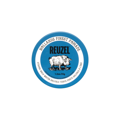 Reuzelinc blue pomade jar showing 1.3oz container with blue label and lid, ideal for styling hair with a medium hold.