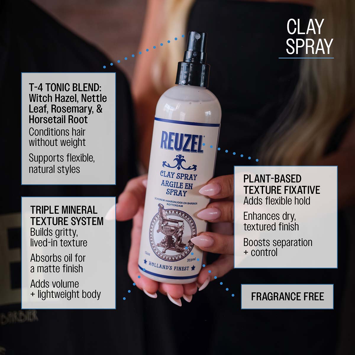 Reuzel clay spray triple mineral texture system builds gritty, lived in texture absorbs oil for a matte finish adds volume and lightweight body vitamin e antioxidant protection helps support hair and scalp health plant-based texture fixative adds flexible hold enhances dry textured finish boots seperation and control t-4 tonic blend: witch hazel, nettle leaf, rosemary, horsetail root conditions hair without weight supports flexible natural styles fragrance free