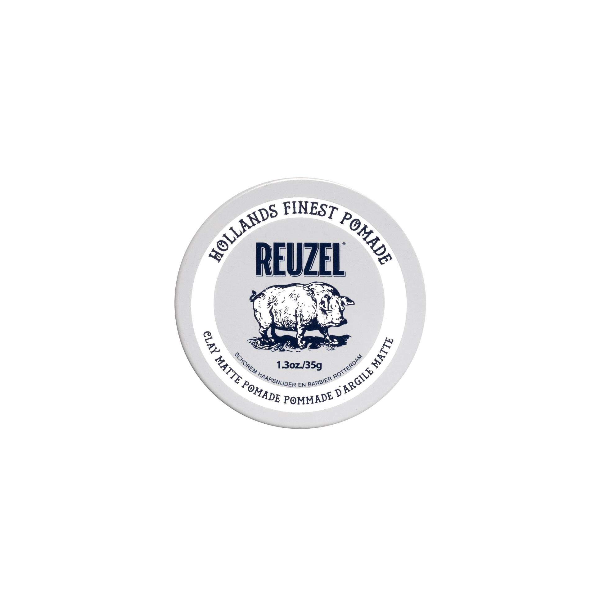 Reuzelinc Clay Matte Pomade in 1.3oz jar, showing the product's clay texture and matte finish for styling hair.