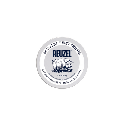 Reuzelinc clay matte pomade in 1.3oz jar, showcasing the product with a smooth, matte finish and classic packaging.