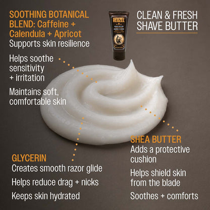 Clean and fresh shave butter soothing botanical blend: caffine calendula apricot supports skin resilience helps soothe sensitivity and irritation maintains soft, comfortable skin glycerin creates smooth razor glide helps reduce drag and nicks keeps skin hydrated shea butter adds a protective cushion helps shield skin from blade soothes and comforts