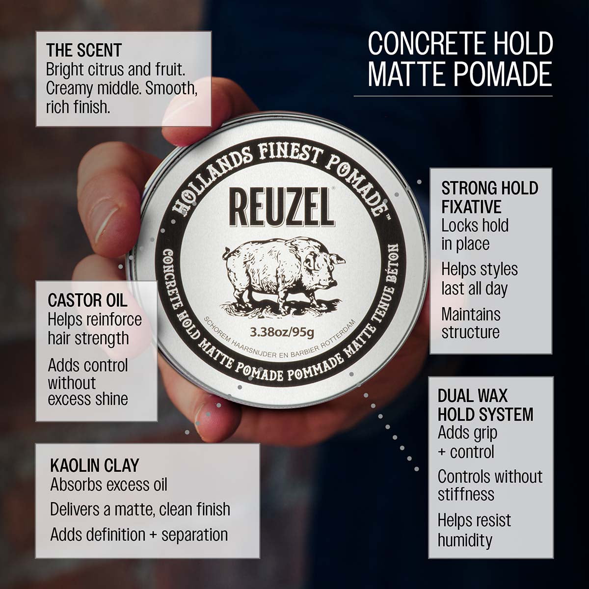 Reuzel concrete hold matte pomade kaolin clay absorbs excess oil delivers a matte clean finish adds definition and separation strong hold fixative locks hold in place helps styles last all day maintains structure and control dual wax hold system adds grip and control controls without stiffness helps resist humidity castor oil helps reinforce hair strength adds control without excess shine the scent bright citrus and fruit creamy middle smooth rich finish