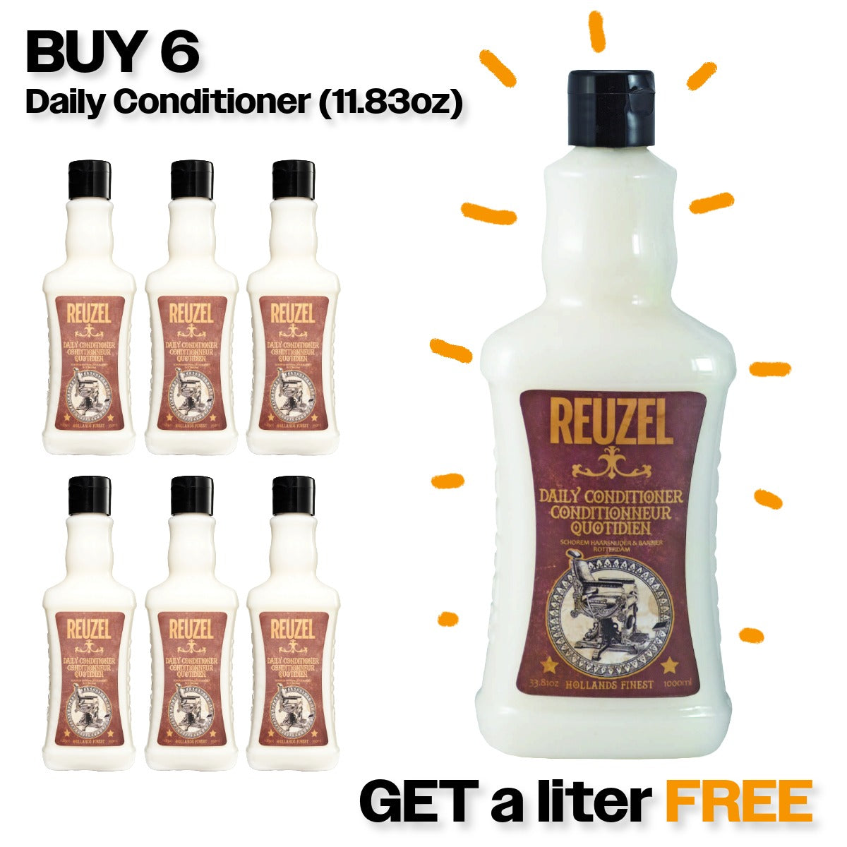 Reuzel Daily Conditioner deal. Buy 6 daily conditioner bottles !11.83oz) Get a free liter!