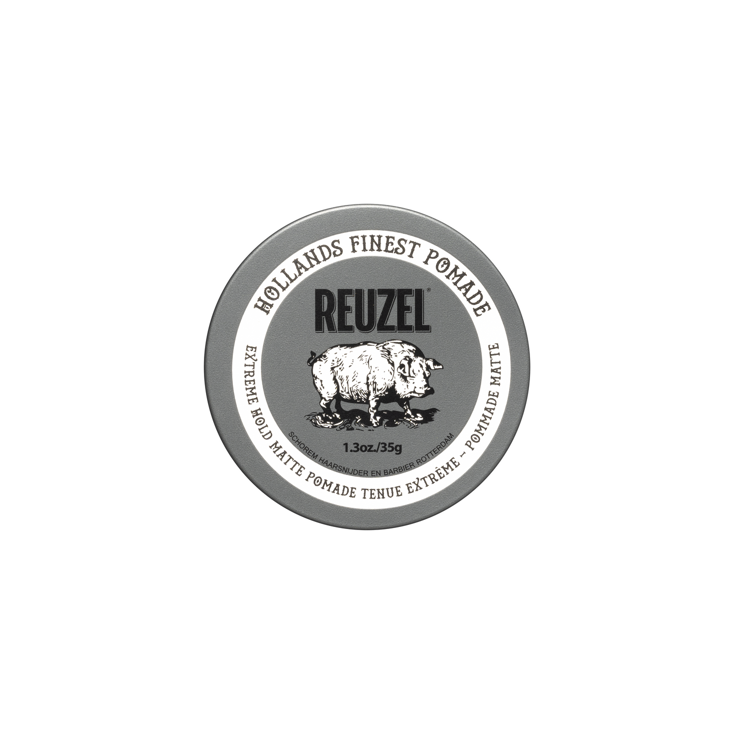 Reuzelinc Extreme Hold Matte Pomade jar with black lid and label, showcasing the 1.3oz styling product for strong, matte hair hold.