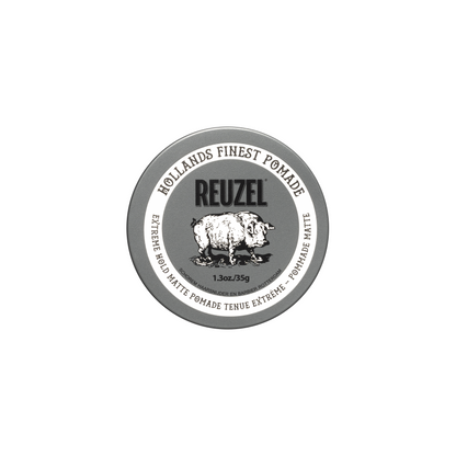 Reuzelinc Extreme Hold Matte Pomade jar with black lid and label, showcasing the 1.3oz styling product for strong, matte hair hold.