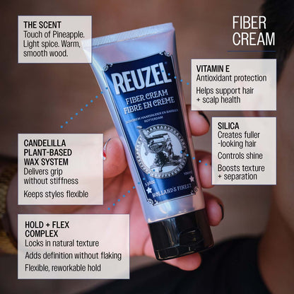 Reuzel fiber cream candelilla plant-based wax system delivers grip without stiffness keeps styles flexible hold and flex complex locks in natural texture adds definition without flaking flexible reworkable hold silica creates fuller looking hair controls shine boosts texture and separation vitamin e antioxtidant protection helps support hair and scalp health the scent touch of pineapple light spice warm smooth wood