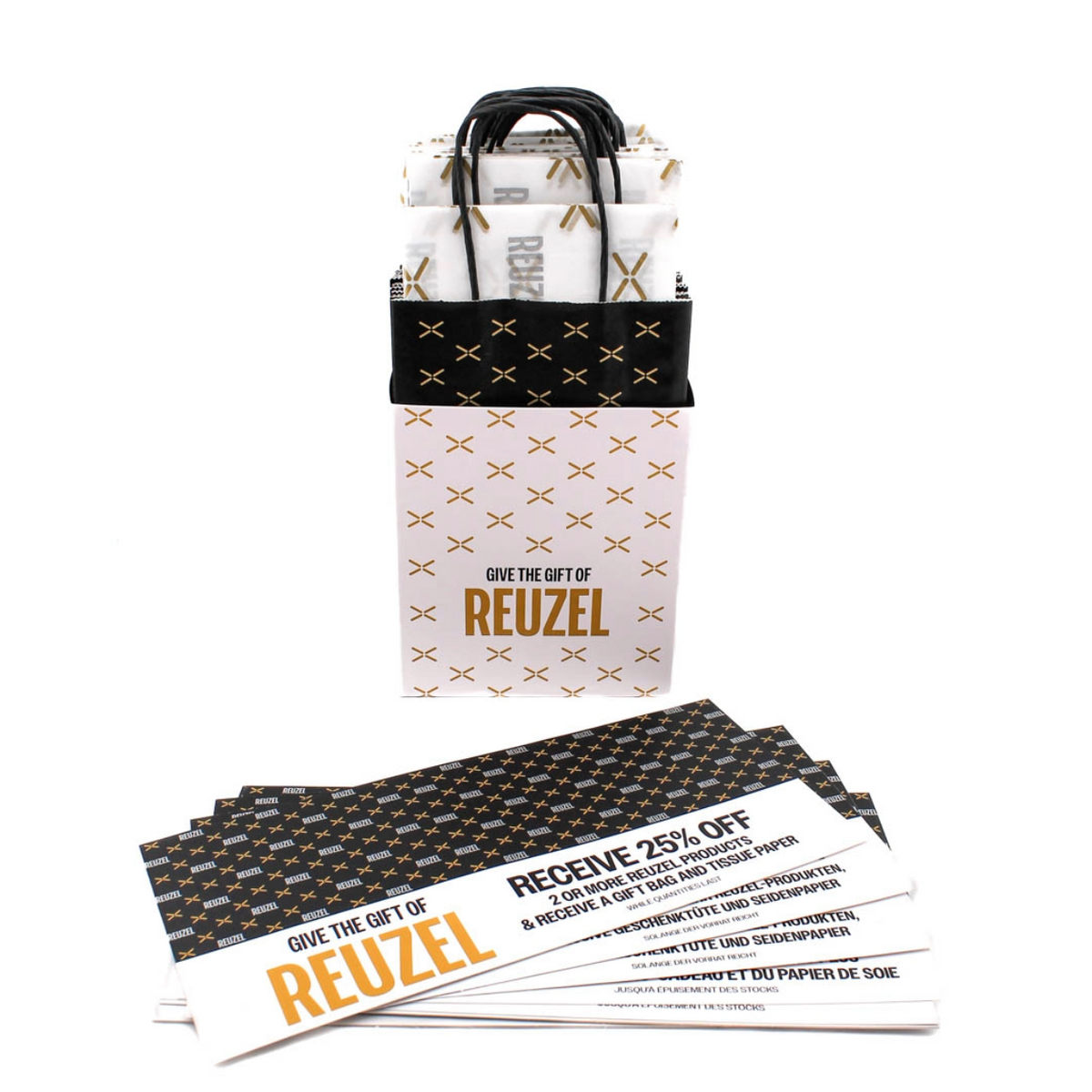 Give the Gift of REUZEL holiday gift bags and shelf talkers!