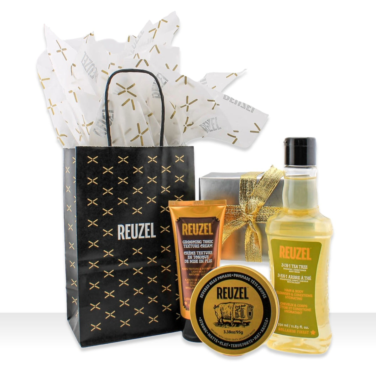 Give the Gift of REUZEL holiday gift bags and REUZEL Grooming Tonic Texture Cream, Severed Head Strong Matte Clay Pomade and 3in1 tea tree shampoo.