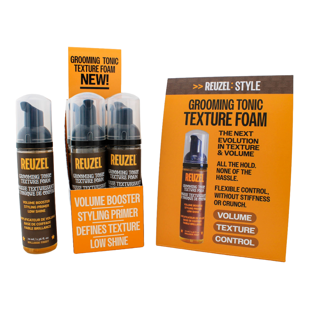 Reuzel Grooming Tonic Texture Foam promo "buy (6), get (1) FREE + retail displays - showing packaging with bottles and promotional card on a white background. 