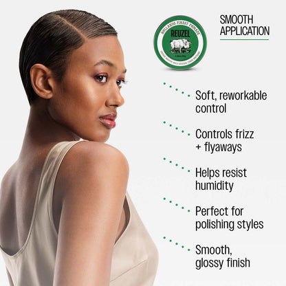 Reuzel green pomade smooth application soft reworkable control controls frizz and flyaways helps resist humidity perfect for polishing styles smooth, glossy finish