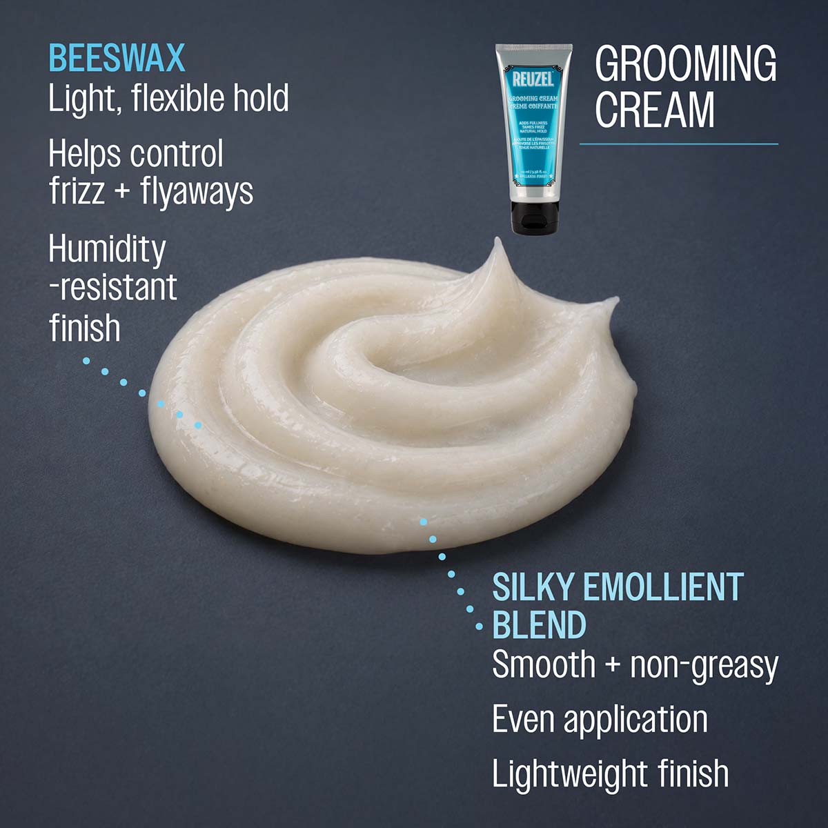 Reuzel grooming cream beeswax light flexible hold helps control frizz and flyaways humidity resistant finish silky emollient blend smooth and non greasy even application lightweight 