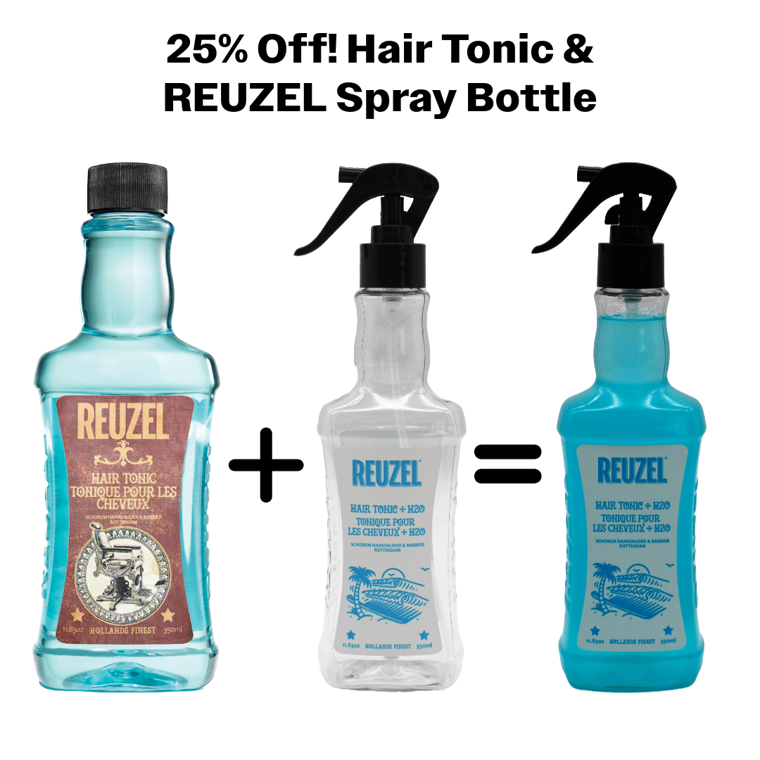 An image showcasing a Hair Tonic bottle and a REUZEL Spray Bottle, both are blue in color with text and branding displayed. If you add hair tonic and water to a spray bottle, it makes a great cutting lotion.