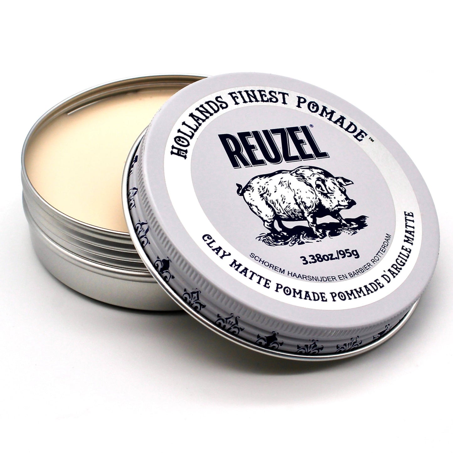 Open tin of Reuzel Clay Matte Pomade showcasing the creamy texture and rich color of the styling product.