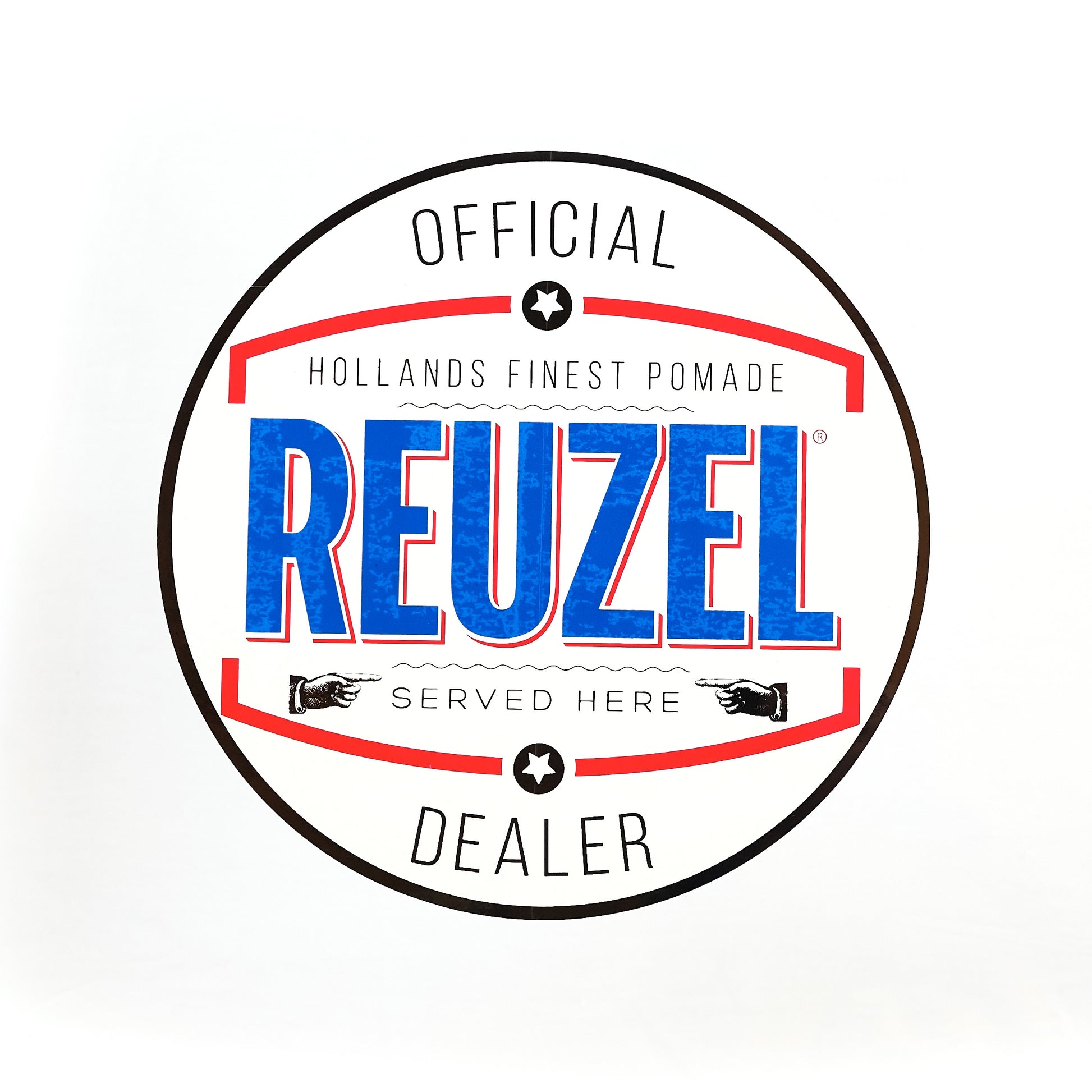 Window cling with Reuzel logo with text 'Official Hollands Finest Pomade Dealer' on a white background