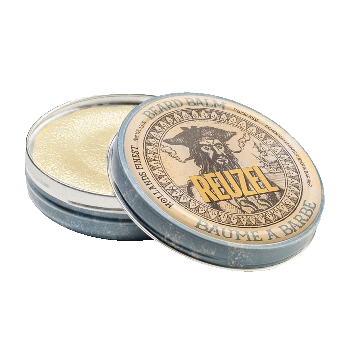 REUZEL Beard Balm image of open tin and product.
