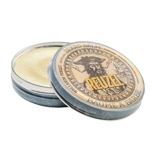 REUZEL Beard Balm image of open tin and product.