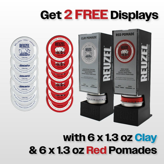 (2) FREE Displays with (6) 1.3 oz Clay & (6) Red Pomades