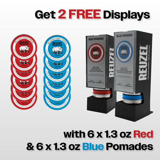 (2) FREE Displays with (6) 1.3 oz Red & (6) Blue Pomades