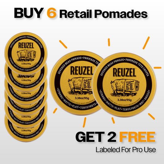 Six Pro REUZEL severed head pomades with two free for backbar, shown in a colorful display of grooming products.