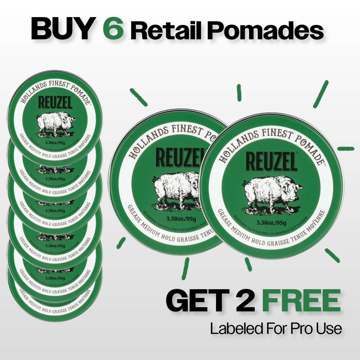 Promotional graphic for Reuzel retail pomades with a buy 6 Green Grease Medium Hold Pomades, get 2 free for backbar offer.