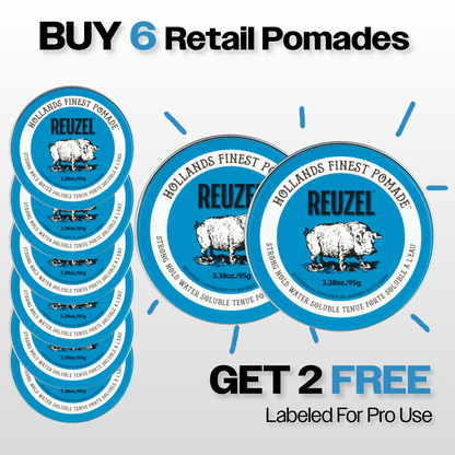 Promotional graphic for Reuzel retail pomades with a buy 6 Blue Strong Hold Water Soluble Pomades, get 2 free for backbar offer.